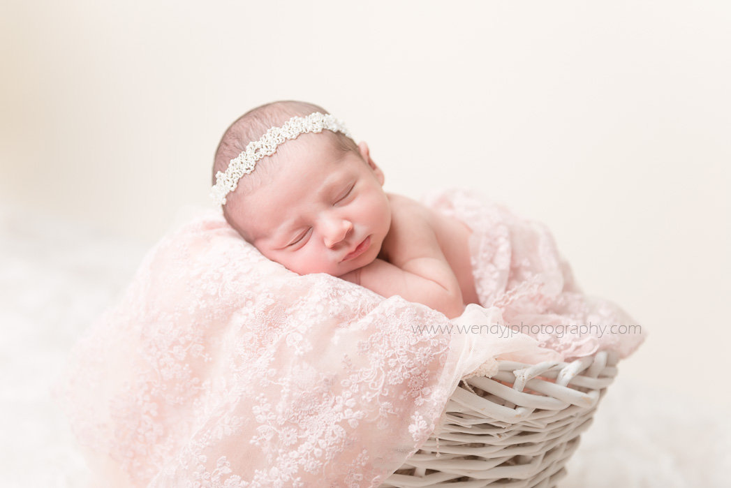 Fine art newborn baby photography portrait of a sleeping newborn baby girl by Vancouver B.C. baby photographer Wendy J Photography.